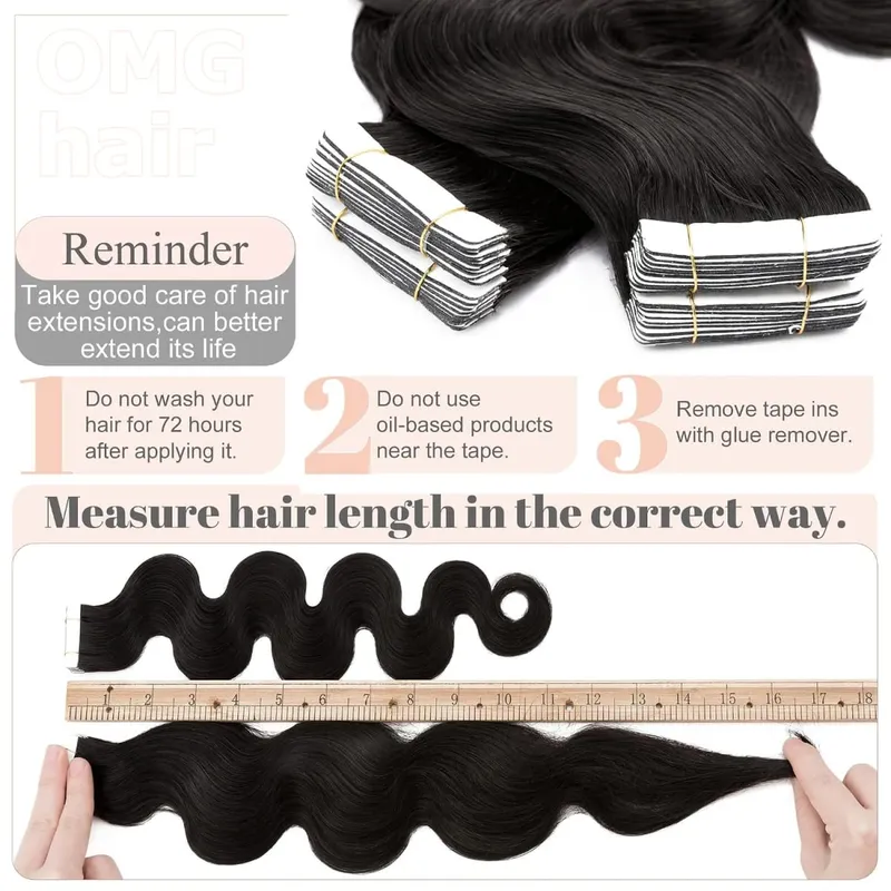 OMG Wavy Tape In Hair Extensions Human Hair 20Pcs 50G/Pack Natural Black Remy Seamless Skin Weft Invisible Double Sided Body Wave Human Hair Tape In Extensions For Women #1B Natural Black — image 6