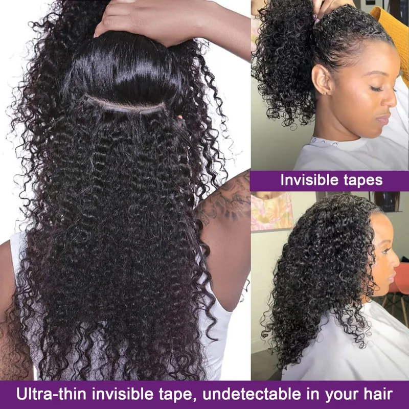 Deep Wave Curly Tape in Hair Extensions 100% Brazilian Human Hair Adhesive Tape on Extensions Human Hair Natural Black 16-26inch — image 6