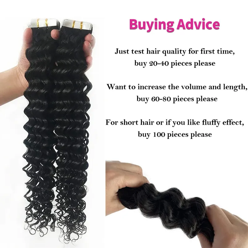 Tape In Hair Extensions Human Hair Deep Curly Tape Ins 20Pcs 50G/Pack Seamless Deep Wave Tape In Human Hair Extensions For Women — image 4