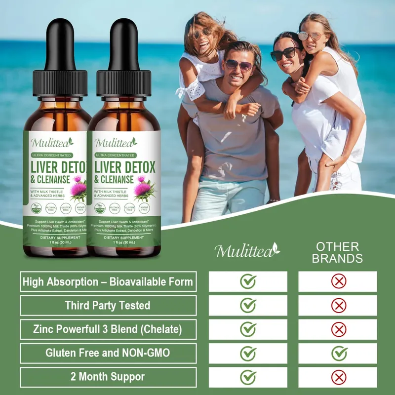 Mulittea Liver Health Drops com cardo leiteiro e alcachofra -60ml de mistura de ervas com silimarina, dente-de-leão, cúrcuma e berberina para limpeza do fígado, reparo de desintoxicação e suporte diário — image 3
