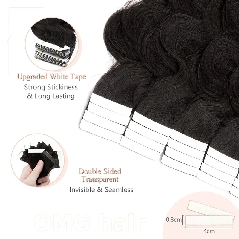 OMG Wavy Tape In Hair Extensions Human Hair 20Pcs 50G/Pack Natural Black Remy Seamless Skin Weft Invisible Double Sided Body Wave Human Hair Tape In Extensions For Women #1B Natural Black — image 3