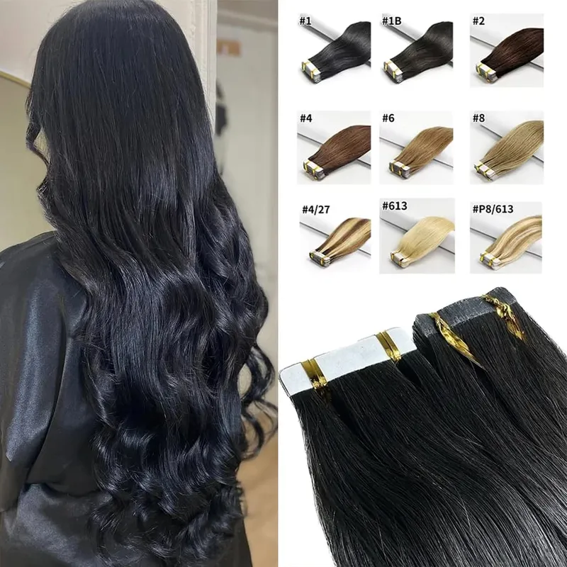 Tape In Hair Extensions Remy 100 Human Hair Straight Seamless Skin Weft Tape Hair Extensions Natural Black Hair For Women — image 2