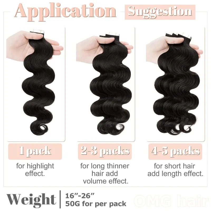 OMG Wavy Tape In Hair Extensions Human Hair 20Pcs 50G/Pack Natural Black Remy Seamless Skin Weft Invisible Double Sided Body Wave Human Hair Tape In Extensions For Women #1B Natural Black — image 5