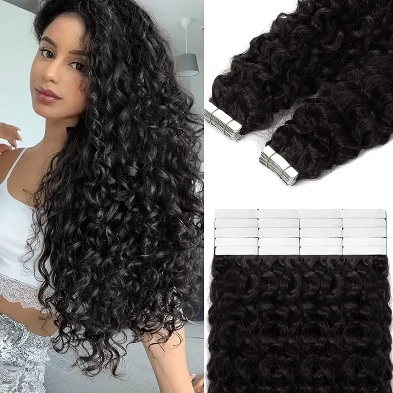 Tape in Hair Extensions Human Hair Deep Wave Brazilian 100% Curly Adhesive Tape in Extensions Human Hair Natural Black For Women