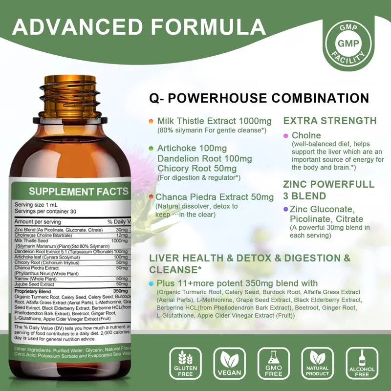 Mulittea Liver Health Drops com cardo leiteiro e alcachofra -60ml de mistura de ervas com silimarina, dente-de-leão, cúrcuma e berberina para limpeza do fígado, reparo de desintoxicação e suporte diário — image 4
