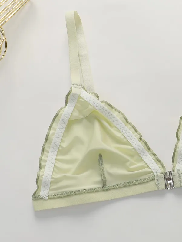2 Sets Damen Satin-Dreieck-Dessous-Set, kabelloser BH mit Vorderverschluss und Rüschenbesatz, weicher, bequemer BH und Höschen-Set für den Alltag