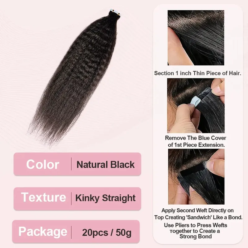 Natural Black Tape in Hair Extensions Real Human Hair Light Yaki Tape ins #1B Yaki Straight — image 2