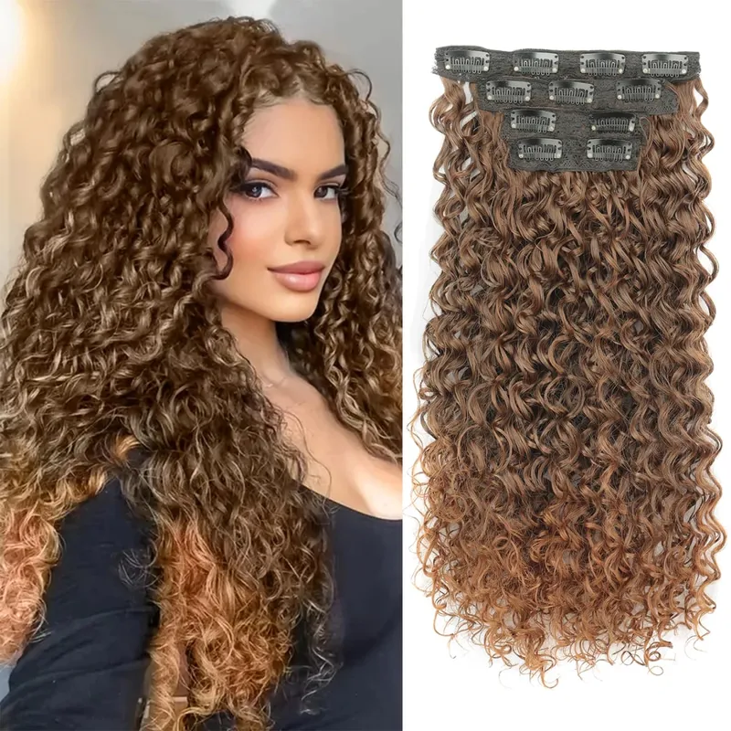 Synthetic Kinky Curly Clip On Hair Extensions Fluffy Messy Heat Resistant Fiber Black Blonde Hair Extensions For Women