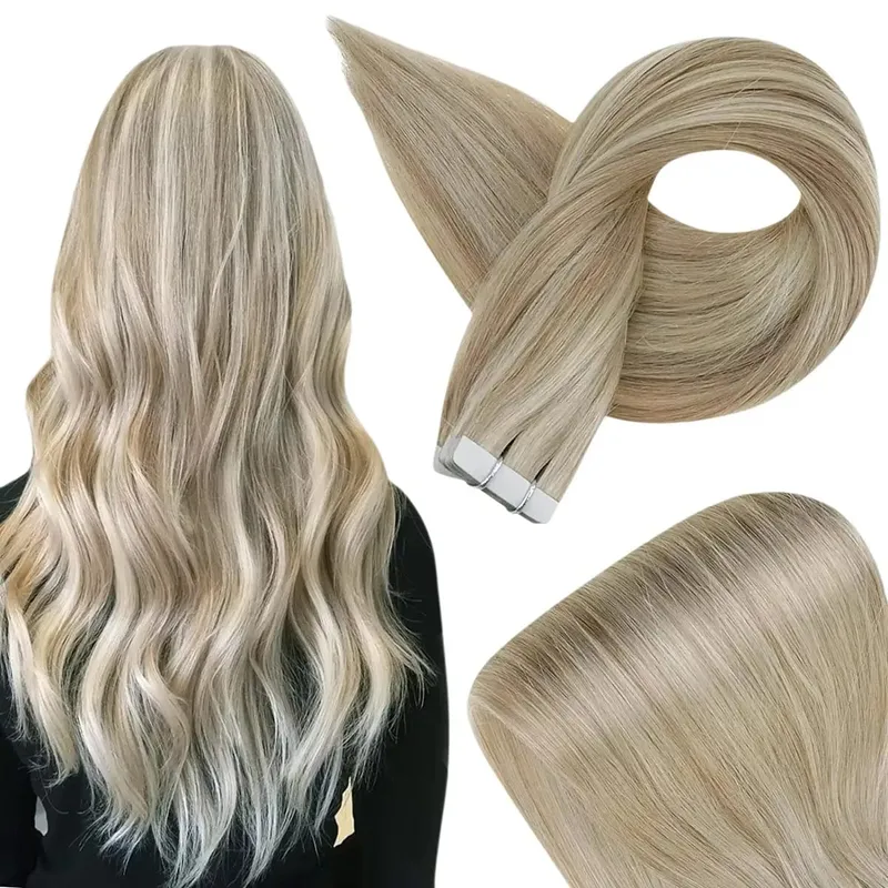 Invisible Tape in Hair Extensions Real Remy Hair Hair Extensions for Women Ash Blond mixed Platinum Blond Straight Hairpieces