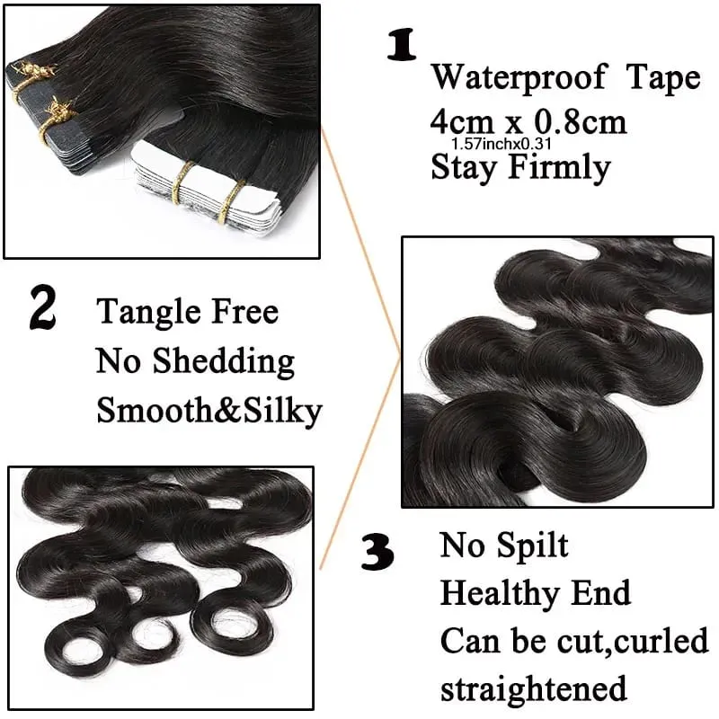 100% Real Vietnamese Human Hair Tape In Hair Extensions Body Wave Extensions Natural Black Invisible Tape on For Woman 26inch