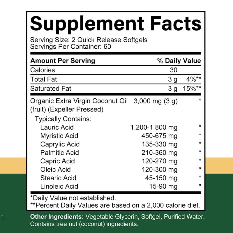 Extra Virgin Coconut Oil 3000mg 30/60/120 Softgels Expeller Pressed Supplement Support for Hair Nails & Skin Health Non-GMO — image 2
