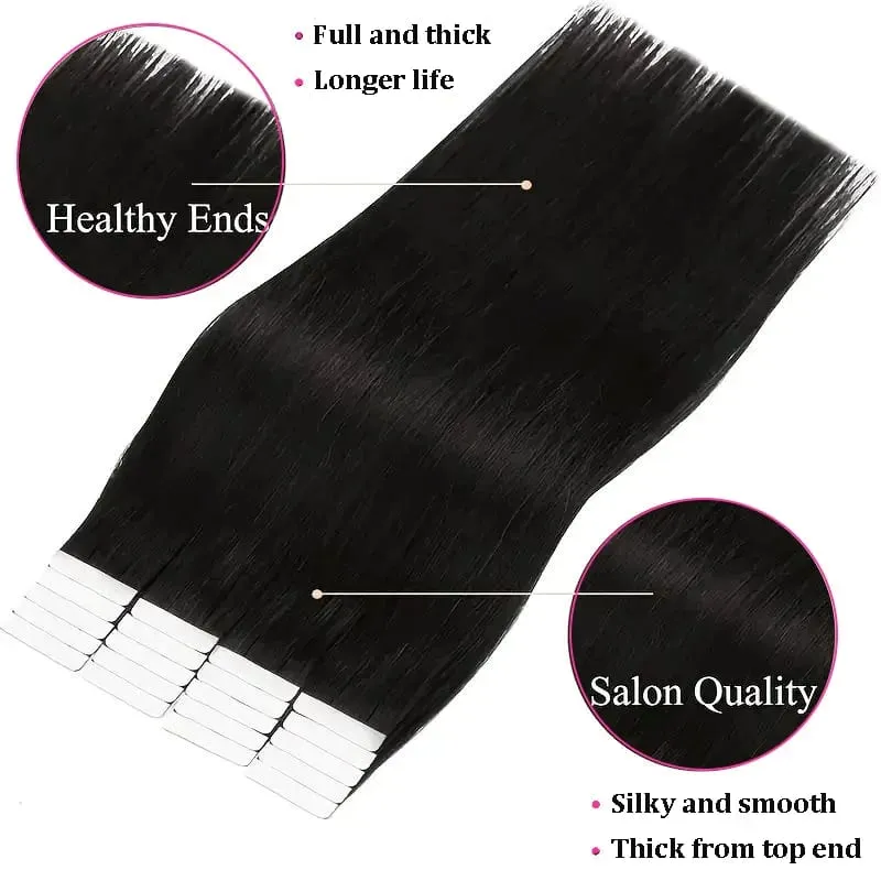 Seamless Tape In Hair Extensions Straight Remy Human Hair Invisible Skin Weft Tape In Brazilian Natural Black — image 2