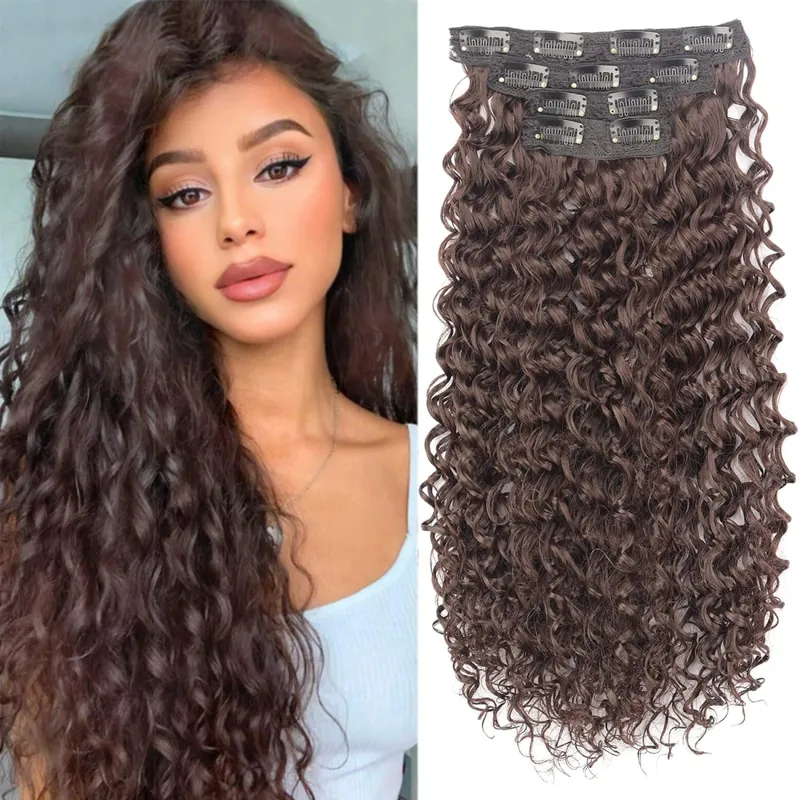 Synthetic Kinky Curly Clip On Hair Extensions Fluffy Messy Heat Resistant Fiber Black Blonde Hair Extensions For Women