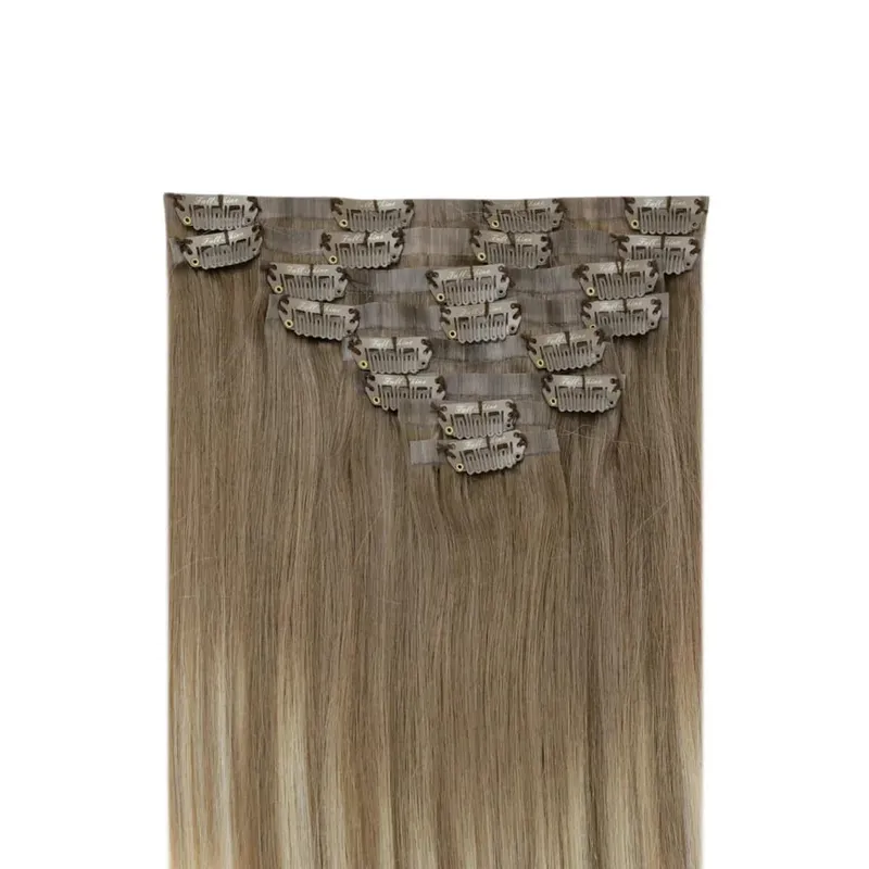 Full Shine Seamless Invisible Clip In Extensions Human Hair 8 τμχ 120g Remy Balayage Ξανθό Χρώμα — image 5