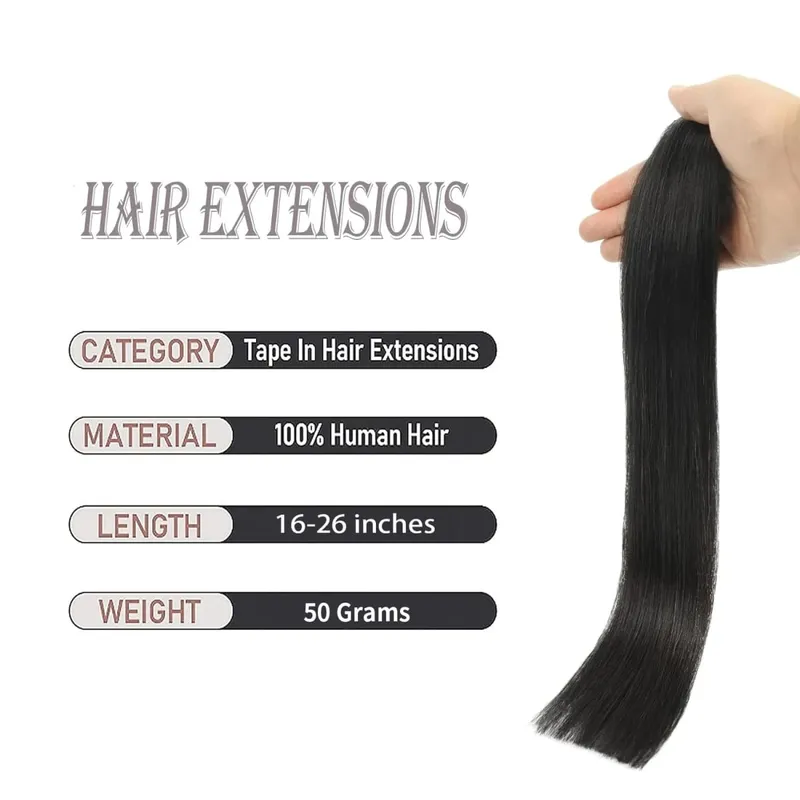 #1B Natural Color Tape in Hair Extensions Human Hair Natural Black Straight Remy Human Hair Extensions