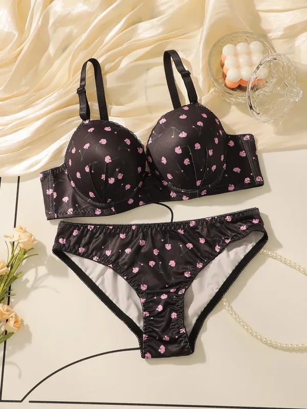 Women's Sexy Lace Lingerie Set Lady Push Up Bra with Steel Ring S-XL Pretty Printed Brassiere Female Fashion Underwear