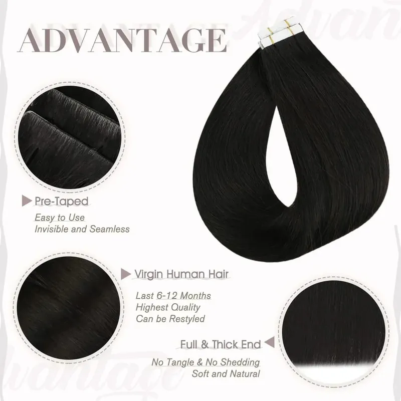 Tape in Hair Extensions Human Hair Black Remy Hair Extensions #1B Natural Black Hair Extensions Straight Tape in Human — image 2