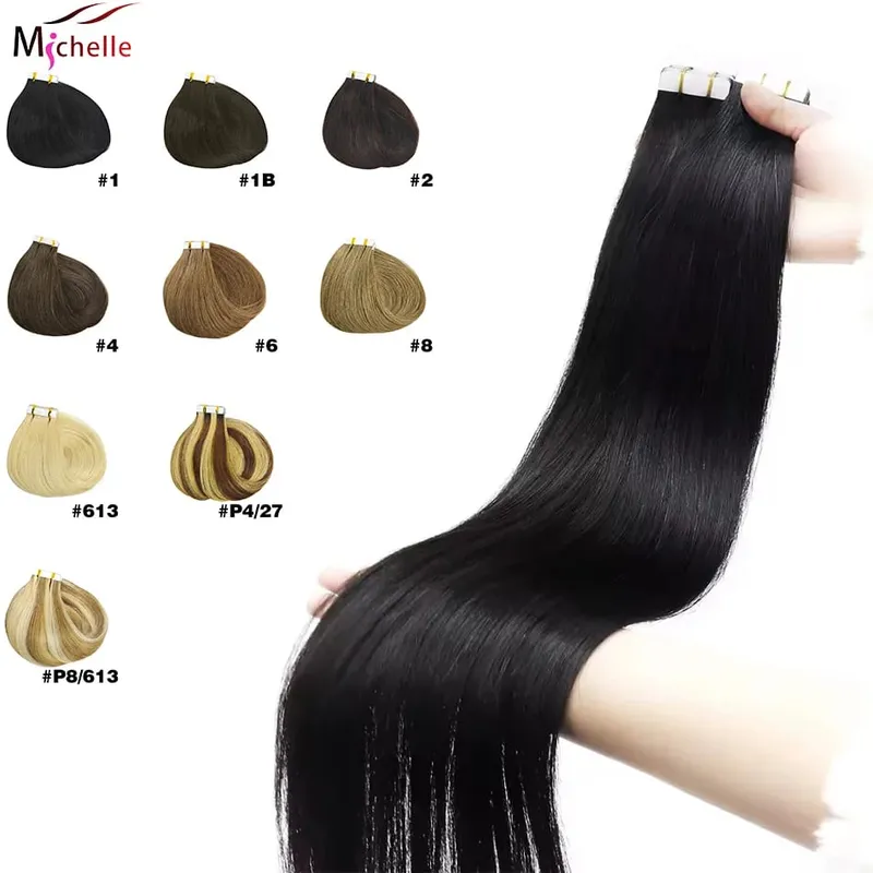 Straight Tape In Hair Extensions 20/40/60pcs Natural Black 100% Brazilian Human Hair Invisible Tape Ins Hair Extension For Women — image 2