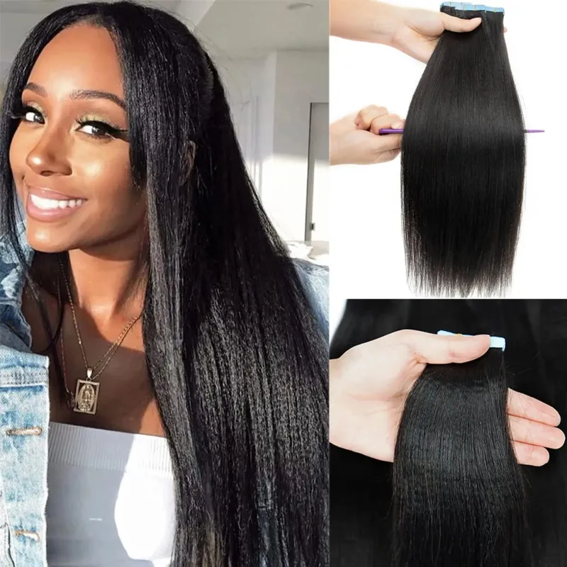 Natural Black Tape in Hair Extensions Real Human Hair Light Yaki Tape ins #1B Yaki Straight