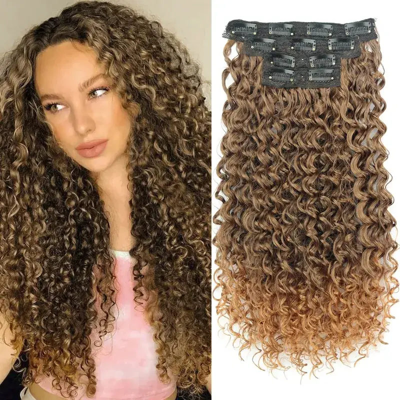 Synthetic Kinky Curly Clip On Hair Extensions Fluffy Messy Heat Resistant Fiber Black Blonde Hair Extensions For Women
