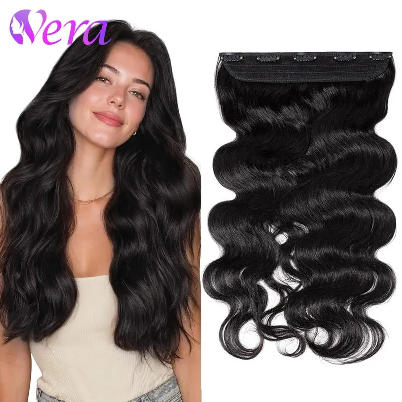 Curly One Piece Clip In Hair Extensions 100G Invisible Body Wave Human Hair With 5 Clips Natural Wave Clip In Hair Extensions — image 2