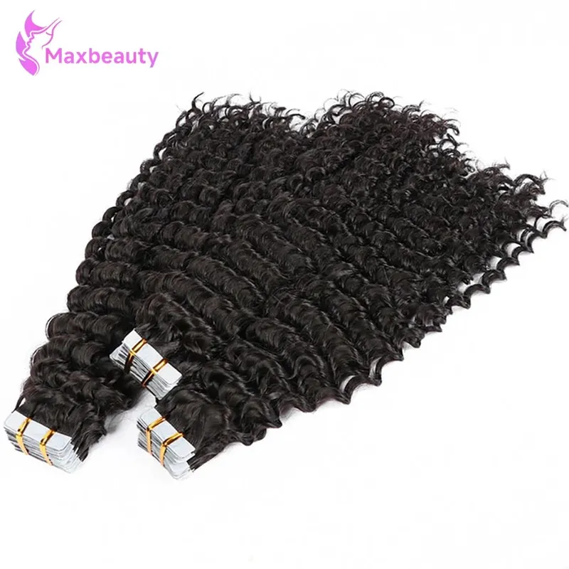 Tape In Hair Extensions Human Hair Deep Curly Tape Ins 20Pcs 50G/Pack Seamless Deep Wave Tape In Human Hair Extensions For Women