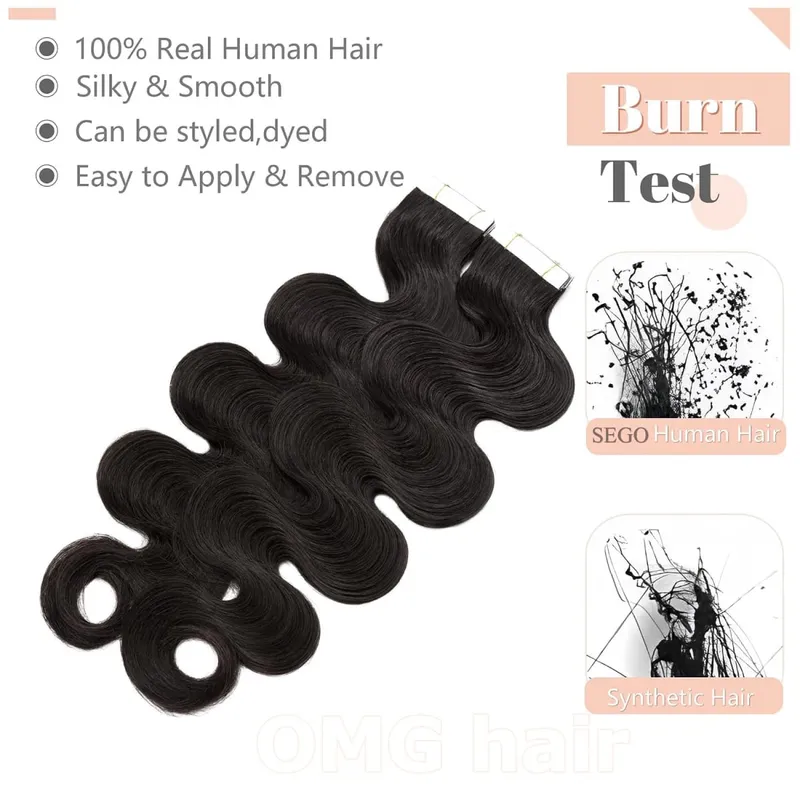 OMG Wavy Tape In Hair Extensions Human Hair 20Pcs 50G/Pack Natural Black Remy Seamless Skin Weft Invisible Double Sided Body Wave Human Hair Tape In Extensions For Women #1B Natural Black — image 2