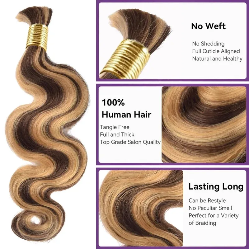 Boho Braiding Hair Body Wave 100% Vrigin Human Braiding Hair 50G/Pc #4/27 Highlight Color Human Hair For Boho Braids 16-26 Inch — image 2