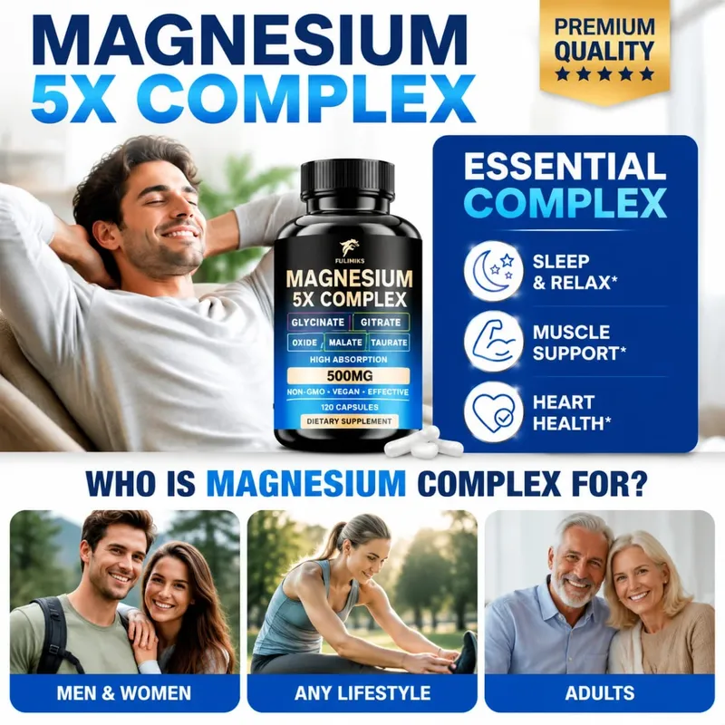 Magnézium Tabletták Kiegészítő 5 az 1-ben Komplex glicinát-citrát-malát-taurát-oxid Támogatja a stresszt Izom Csont Szív Alvás — image 3