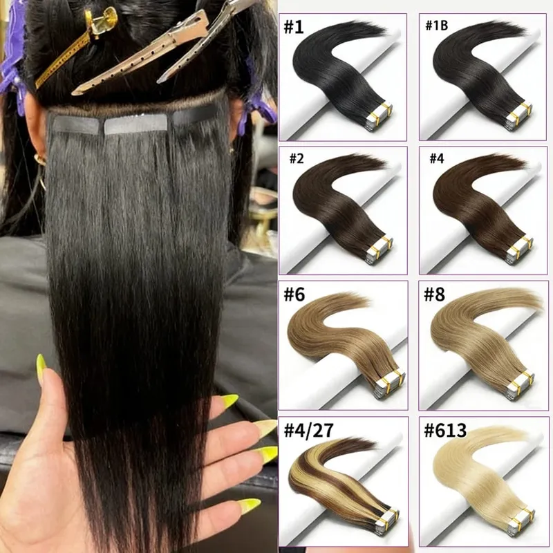 Nastro nelle estensioni dei capelli Capelli umani vergini Cioccolato Marrone scuro Nastro invisibile dritto in seta sulle estensioni per le donne 50G 20 pezzi