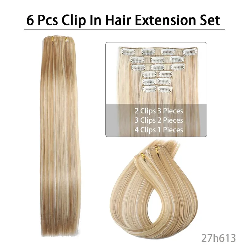 6-Piece Set 24-Inch Synthetic Clip-On Hair Extensions Straight Hair Removable Lightweight Synthetic Wig Women's Exclusive