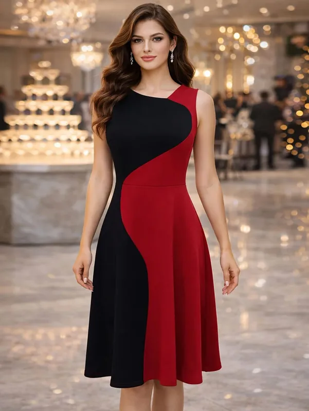 Womens Elegant Round Neck Sleeveless Summer Casual Fashion Party Knee Length Colorblock Fit and Flare Swing Dress — image 1