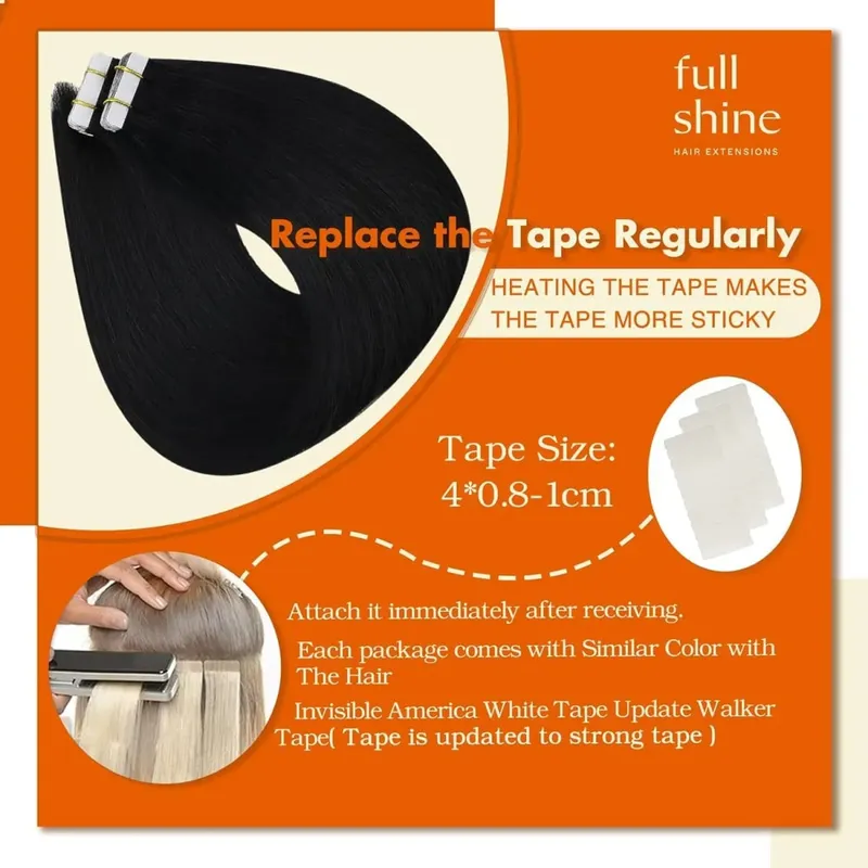 Full Shine Tape in Hair Extensions Human Hair Seamless Silky Straight Skin Weft 20Pcs 50G Add Length for Wedding