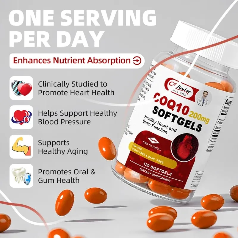 Alliwise Coenzyme Q10 CoQ10 200mg Capsules Antioxidant for Heart Health and Immune Support Energy Production