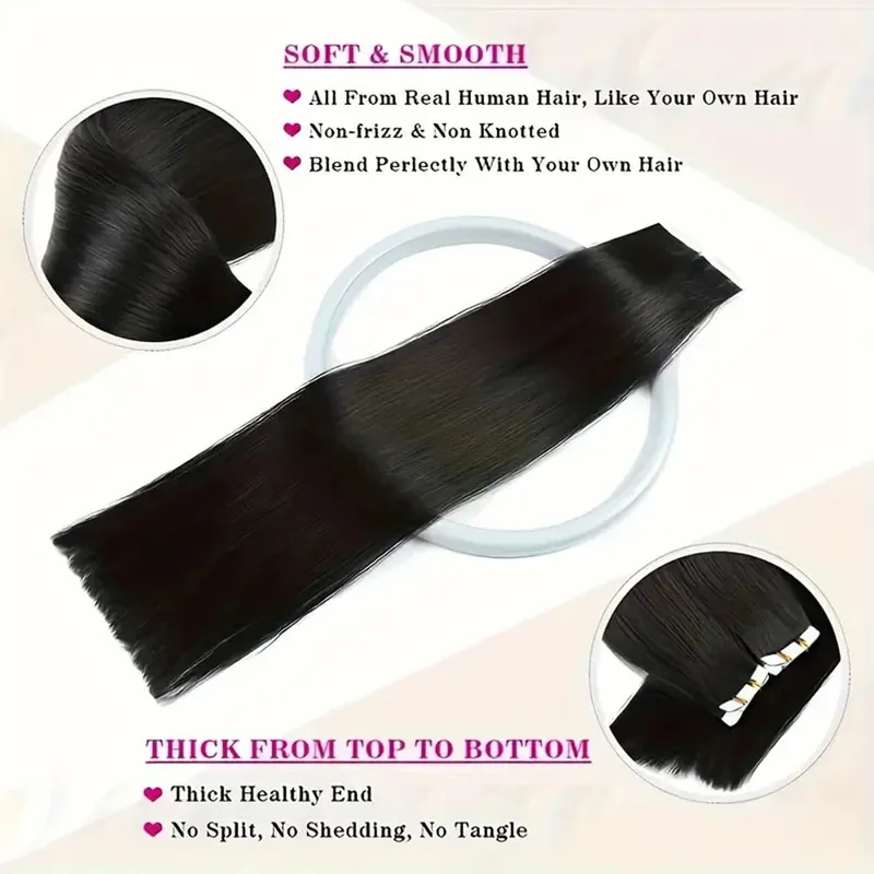 Straight Tape In Hair Extensions 20/40/60pcs Natural Black 100% Brazilian Human Hair Invisible Tape Ins Hair Extension For Women — image 4