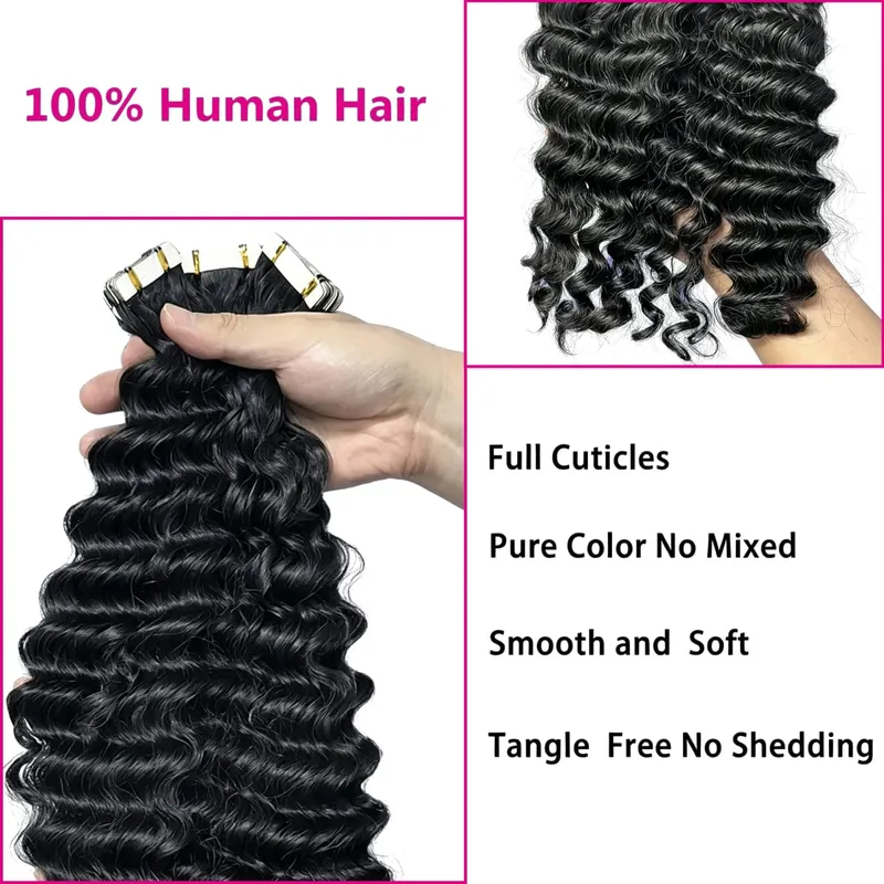 Deep Wave Tape In Hair Extensions Human Hair Skin Weft Seamless Invisible Clip-In And Tape-In Hair Extensions 20Pcs 50G/Pack — image 3