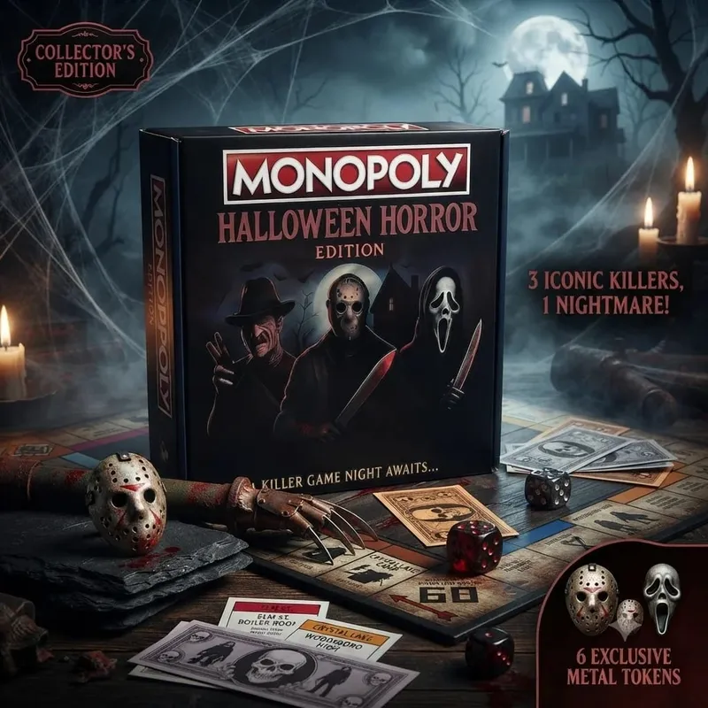 Halloween Horror Monopoly Board Game Horror Movie Killer Character Themed Desktop Game Adult Family Party Game Night Prop Collectible Gift for Horror Lovers