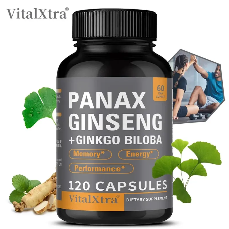 Panax Ginseng + Ginkgo Biloba 120 Vegan Capsules Supports Heart Health and Muscle Function Athletic Performance — image 1