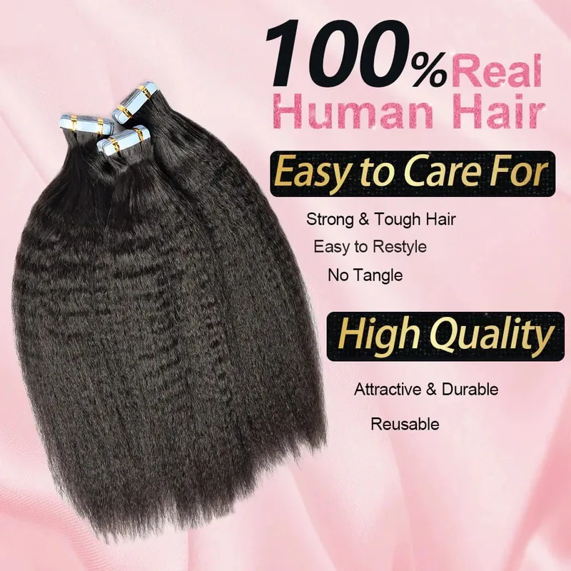Natural Black Tape in Hair Extensions Real Human Hair Light Yaki Tape ins #1B Yaki Straight — image 3