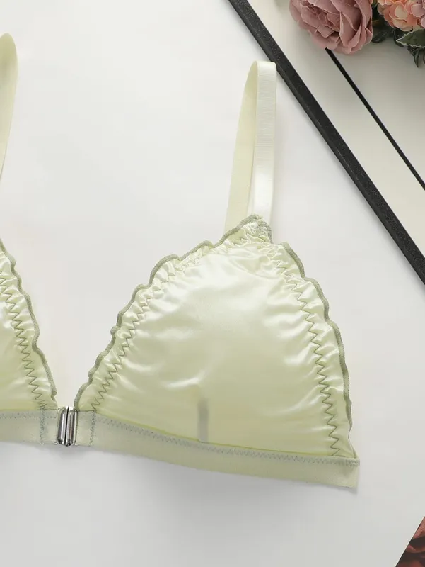 2 Sets Damen Satin-Dreieck-Dessous-Set, kabelloser BH mit Vorderverschluss und Rüschenbesatz, weicher, bequemer BH und Höschen-Set für den Alltag