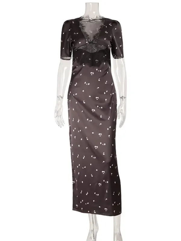 Ahagaga Eelgant Dresses For Women Patchwork Lace Floral V-Neck Short Sleeves Slim Fit Bodycon Trend Sheath Femlae Vestidos Robes