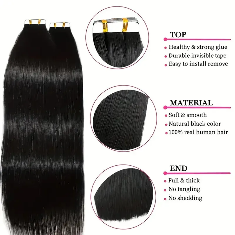20pcs Human Hair Tape In Hair Extensions Natural Seamless Remy Hair Straight 14-26Inch Lengths with Invisible Tape Ins 50G/Pack — image 3