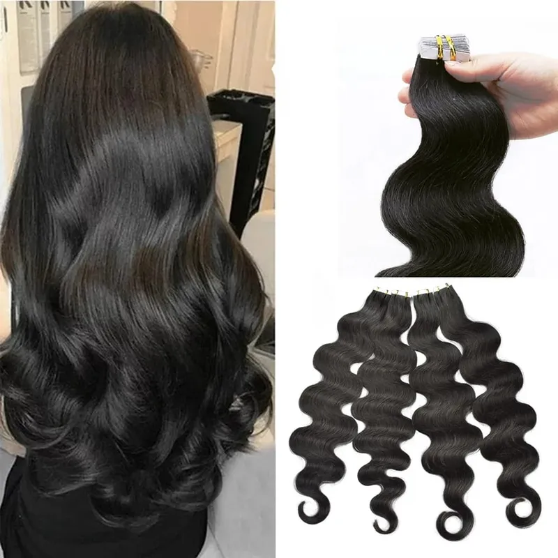 Body Wave Tape In Hair Extensions 100% Human Hair 20Pcs/50g Wavy Tape Ins Adhesive Replaceable Seamless Invisible Natural Black