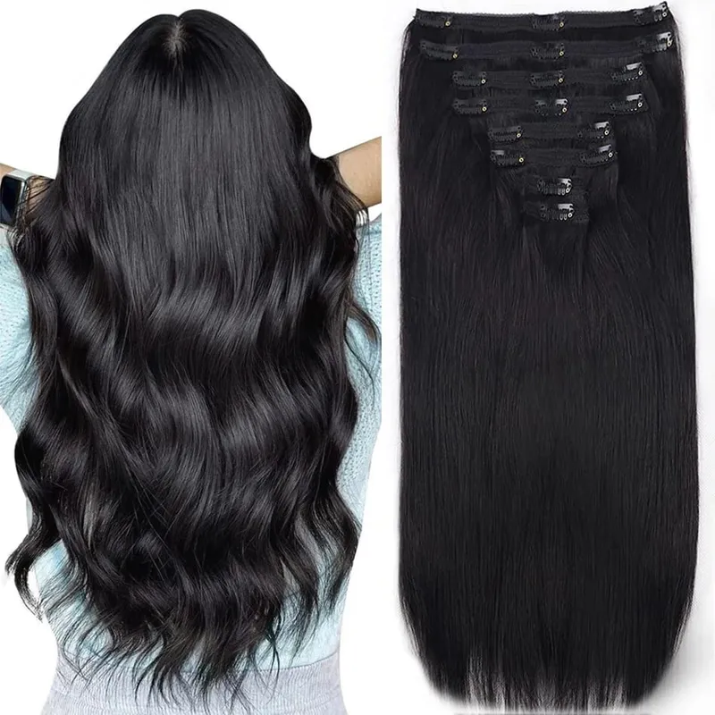 Clip in Hair Extensions Real Human Hair 26 Inch 120g Invisible Seamless Straight Remy Human Hair Clip in Extensions 1B Black — image 8