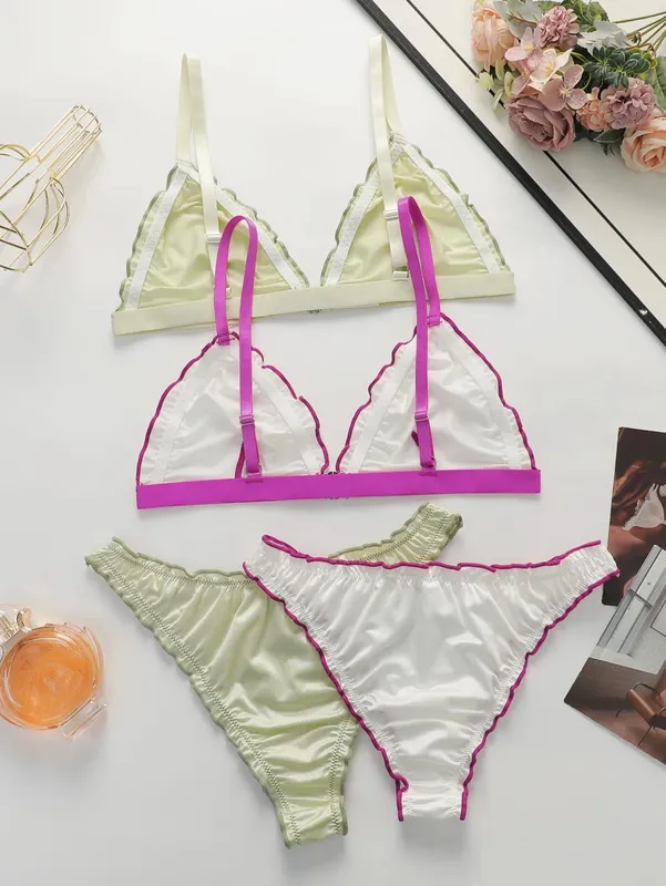 2 Sets Damen Satin-Dreieck-Dessous-Set, kabelloser BH mit Vorderverschluss und Rüschenbesatz, weicher, bequemer BH und Höschen-Set für den Alltag