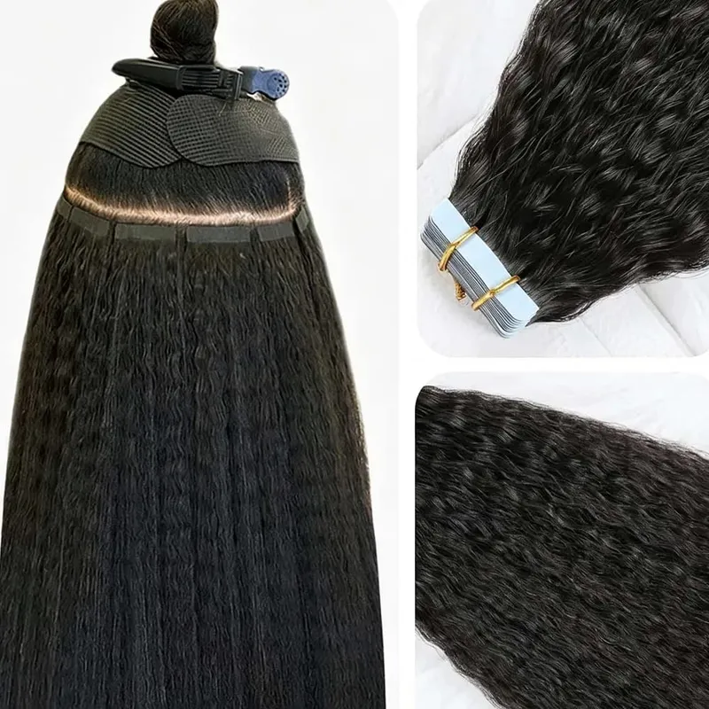 Natural Black Tape in Hair Extensions Real Human Hair Light Yaki Tape ins #1B Yaki Straight — image 4