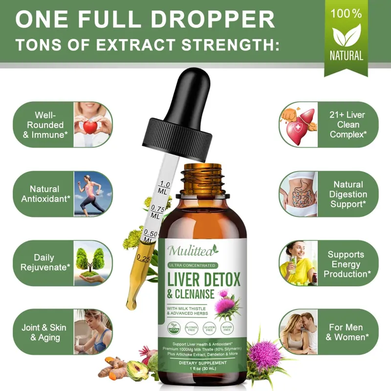 Mulittea Liver Health Drops com cardo leiteiro e alcachofra -60ml de mistura de ervas com silimarina, dente-de-leão, cúrcuma e berberina para limpeza do fígado, reparo de desintoxicação e suporte diário — image 2