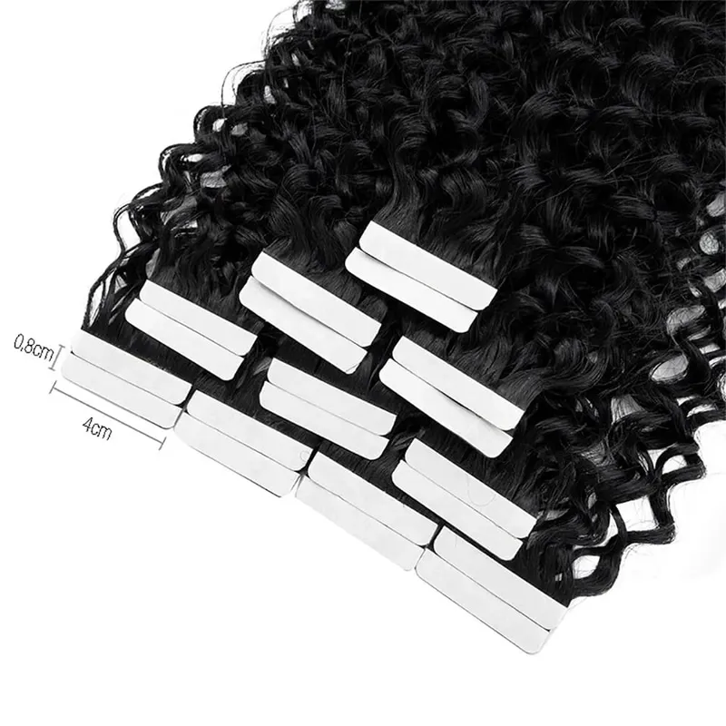 Deep Wave Curly Tape in Hair Extensions 100% Brazilian Human Hair Adhesive Tape on Extensions Human Hair Natural Black 16-26inch — image 7