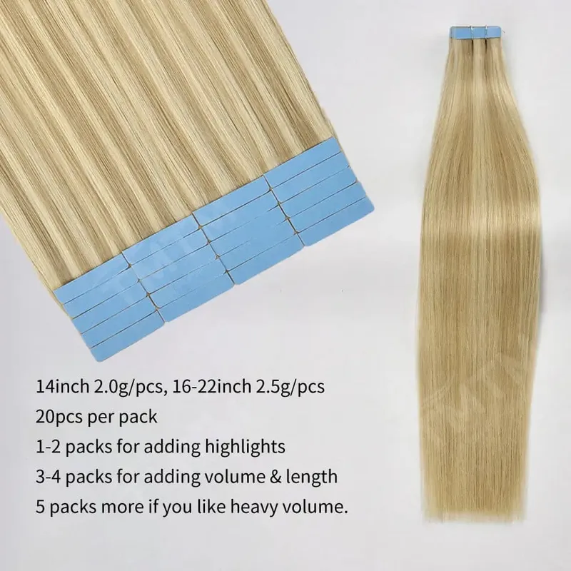 14-22 Inch Tape in Hair Extensions Human Hair 20 Pcs/pack Real Natural Brazilian Remy Hair Straight Seamless Skin Weft For Women
