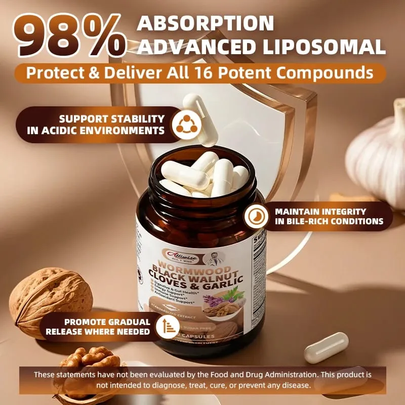 Alliwise 16-in-1 Black Walnut Wormwood Capsules Rapid Gut Cleanse & Digestive Health with Clove Garlic Turmeric Liposomal Delivery 98% Absorption Vegan Gluten-Free — image 4